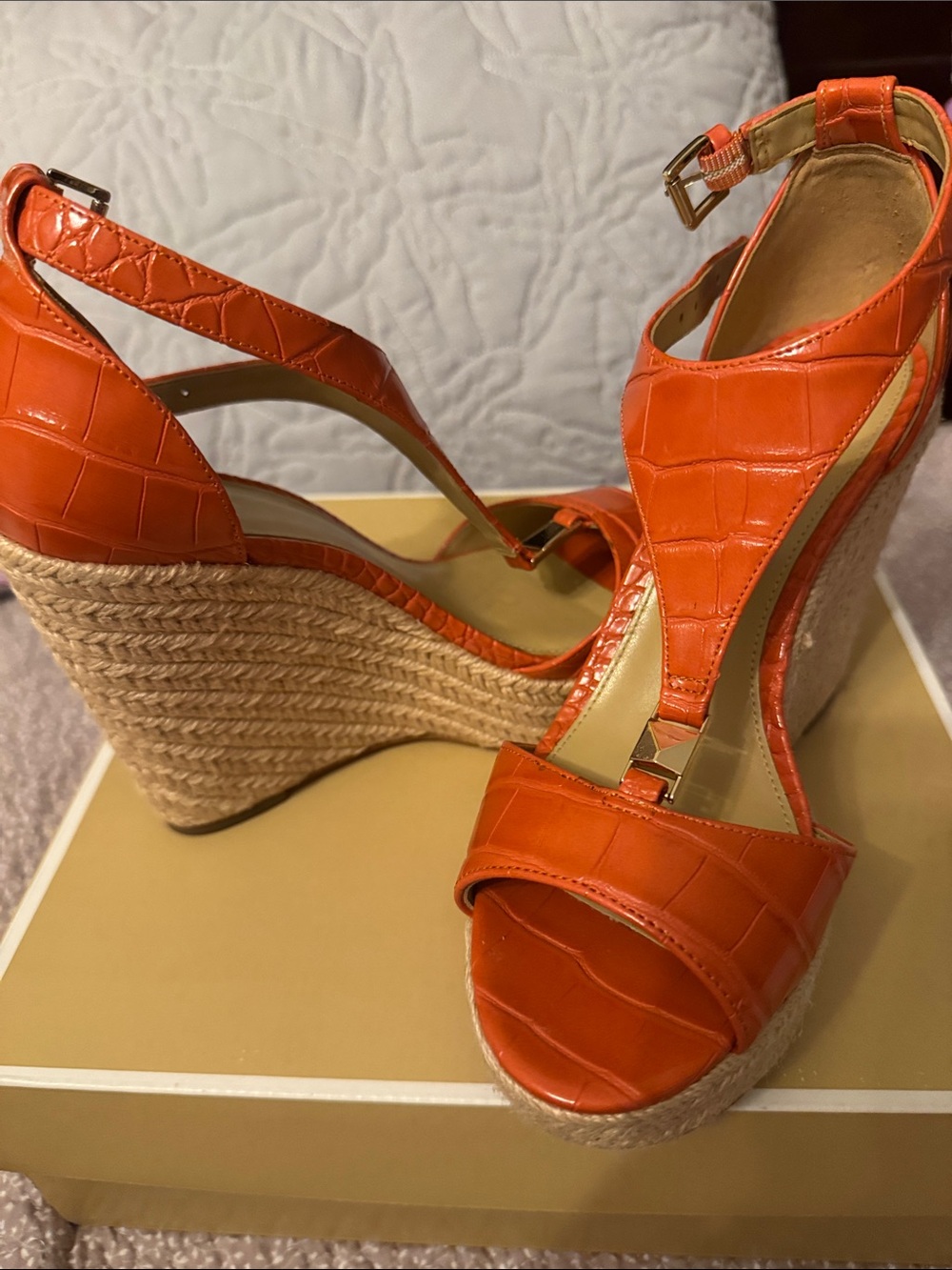 Michael Kors Croc-Embossed Orange Wedge Sandals - Picture 5 of 5